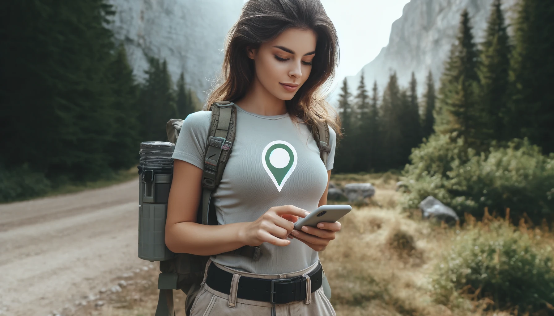 A woman standing outdoors using a location app on her smartphone