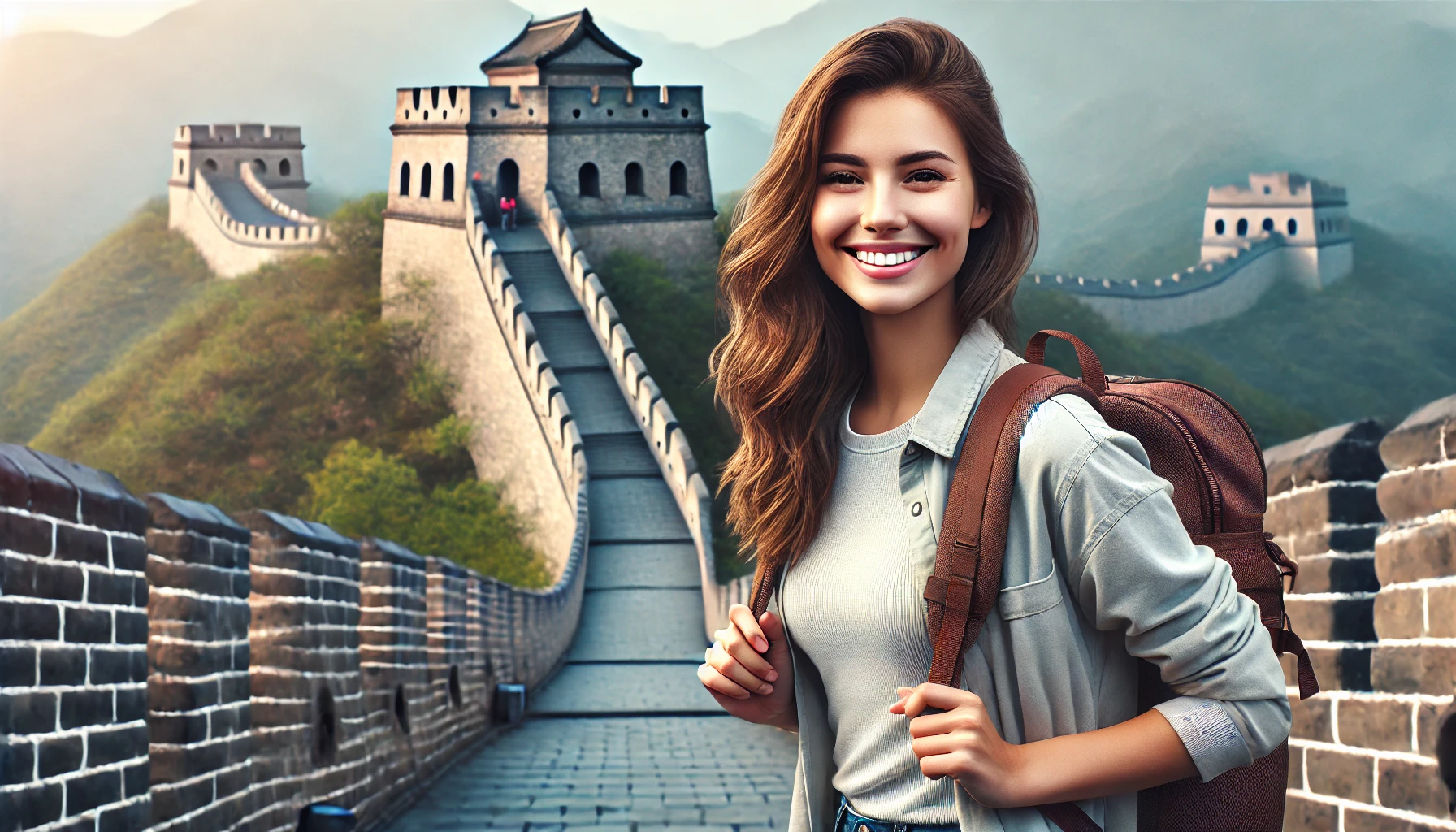 A traveler, a young woman with long brown hair, is standing in front of the Great Wall of China, wearing casual travel clothes and a backpack.