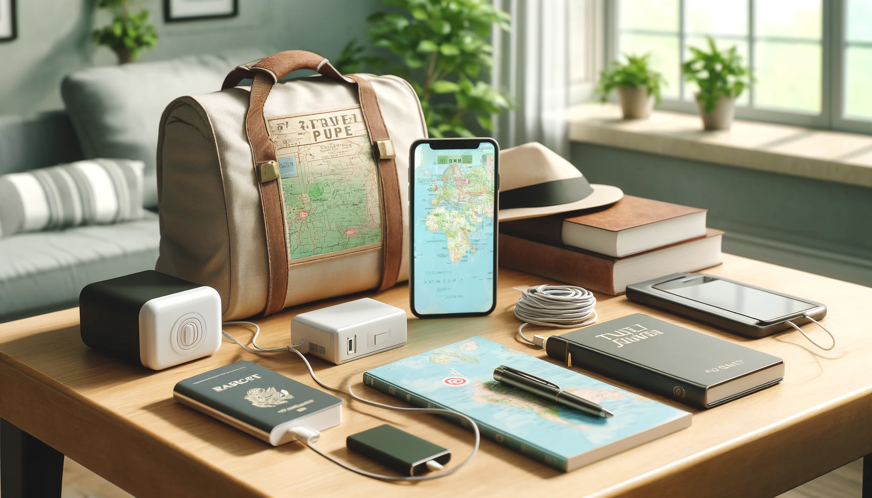 a well-organized desk with travel preparation items laid out.
