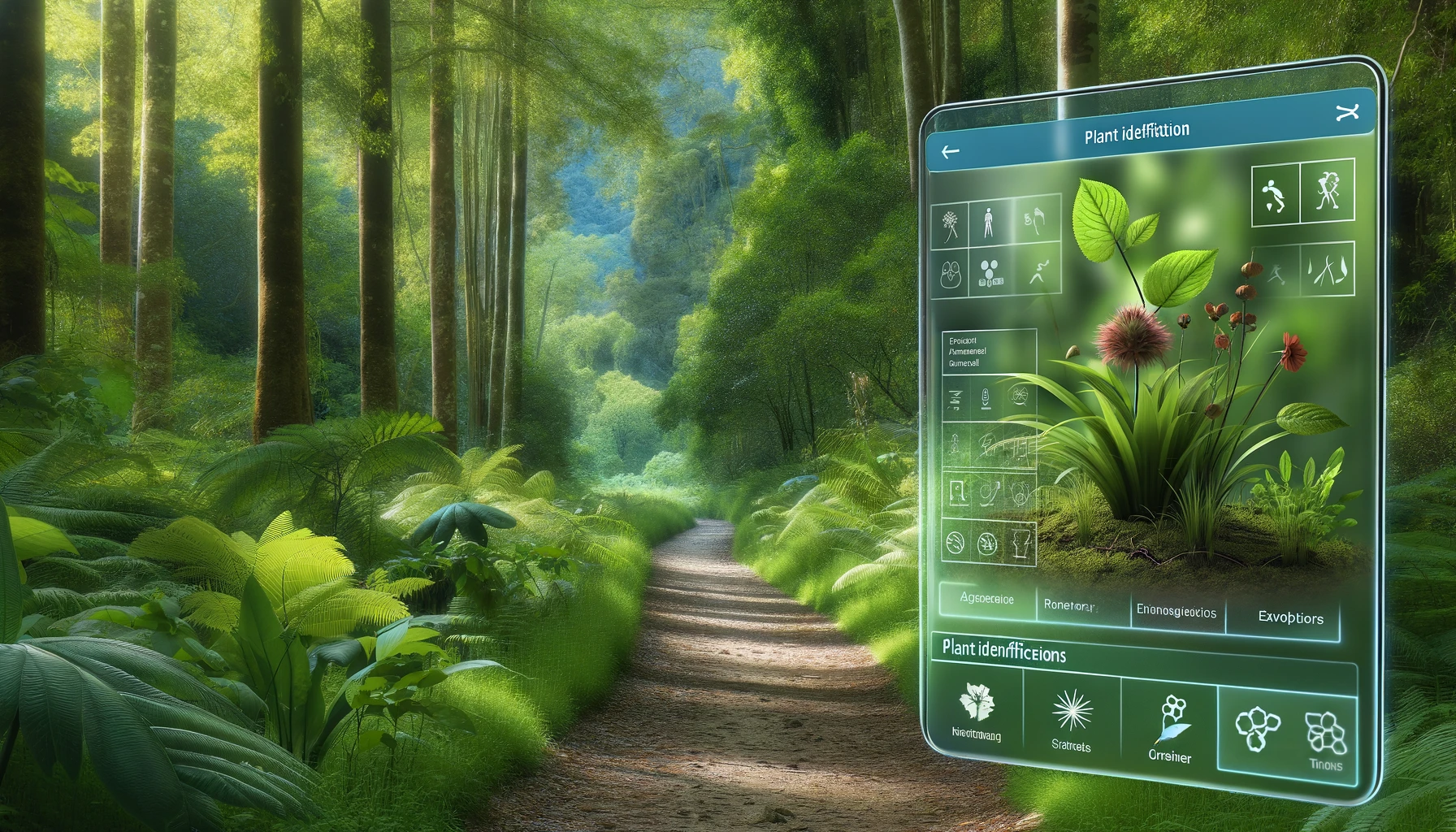 a nature trail with a plant identification app interface overlay on the scene.